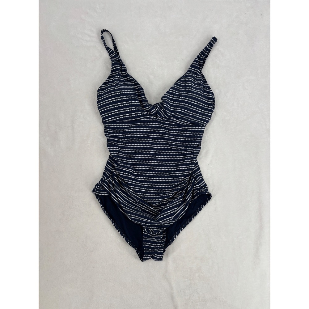 Niptuck Swim Navy Blue Nautical Rope Stripe‎ One Piece Multi Fit Cup Size 12